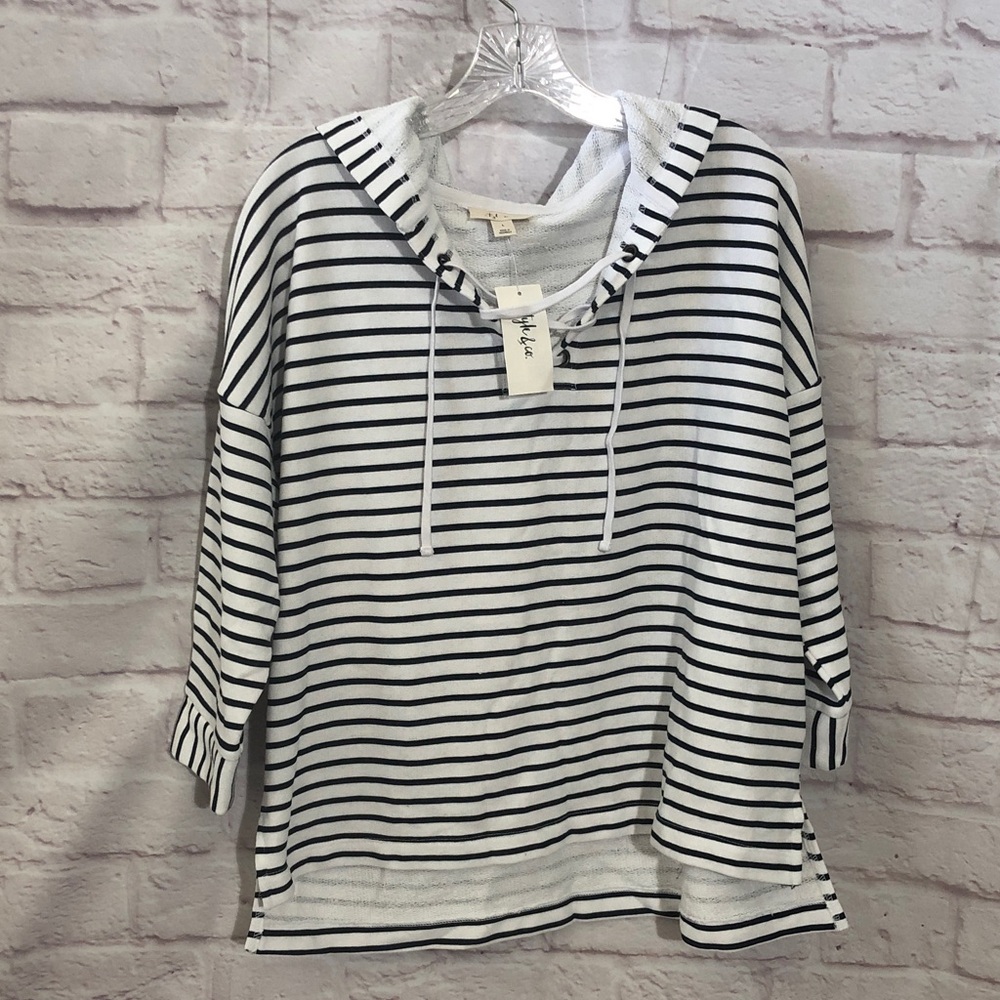 Style & Co. White and Black Striped Hooded Sweatshirt oversized Large PTP25” NWT